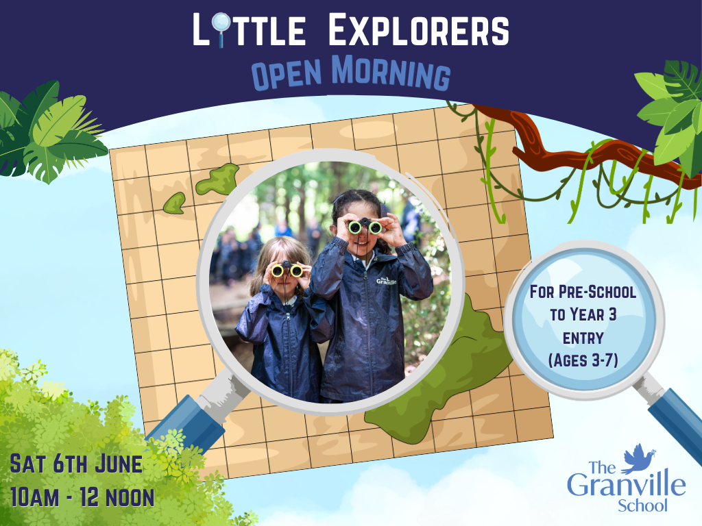 Open Morning poster for Little Explorers at The Granville School, two kids with binoculars over a map; Sat 6 June, 10am–12pm; ages 3–7.