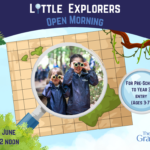 Open Morning poster for Little Explorers at The Granville School, two kids with binoculars over a map; Sat 6 June, 10am–12pm; ages 3–7.